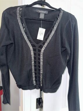 Ashley Stewart Black V-Neck Top with Rhinestone Trim